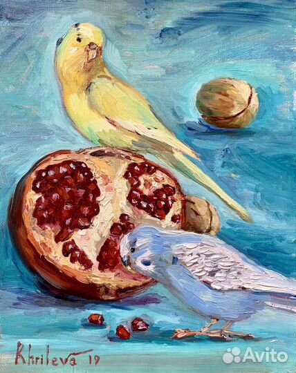 Картина птицы Попугаи с гранатом маслом 30х24