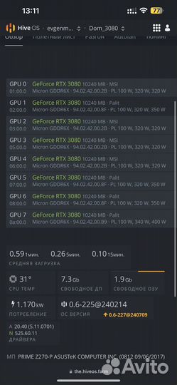 8 видеокарт RTX 3080 10Gb майнинг ферма