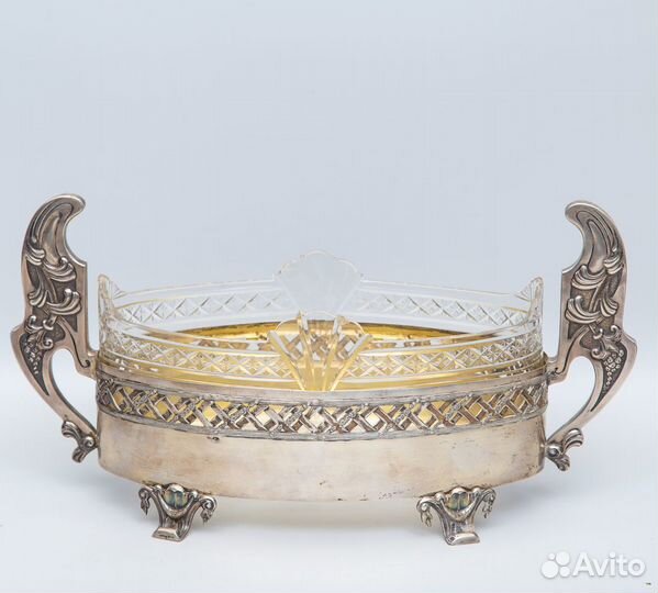 Старинная хрустальная ваза для фруктов. Серебро 84