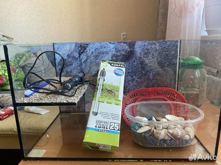 Комплект(Аквариум, нагреватель, камушки-ракушки)