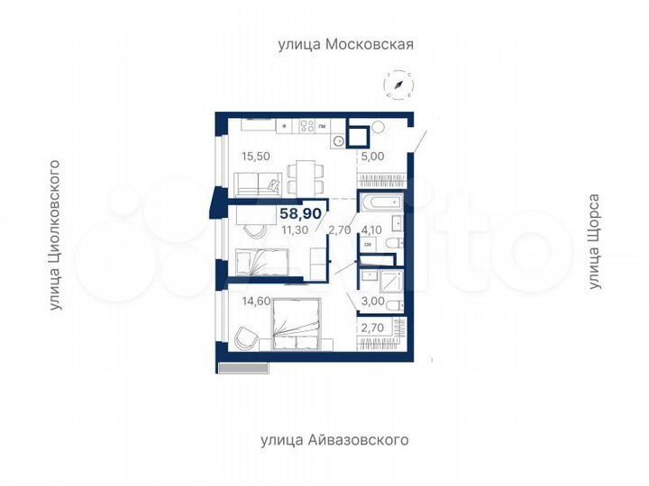 2-к. квартира, 58,9 м², 20/30 эт.
