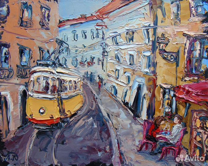 Картины маслом импасто пейзажи трамвай море маяк