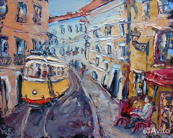 Картины маслом импасто пейзажи трамвай море маяк