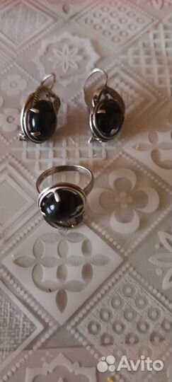 Серьги и кольцо ссср,камень агат