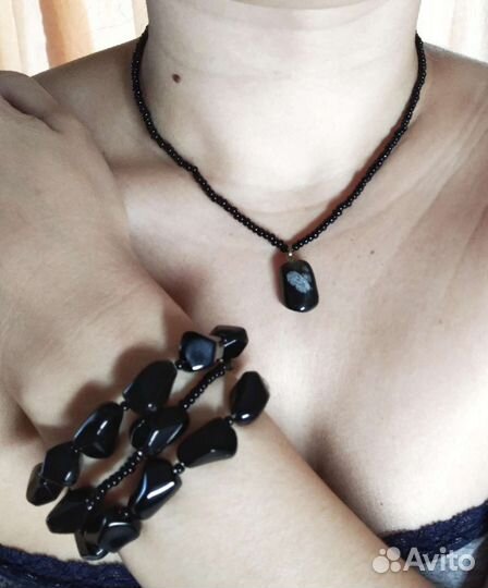 Комплект браслет и подвеска чёрные