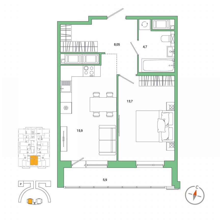 1-к. квартира, 45,3 м², 23/25 эт.