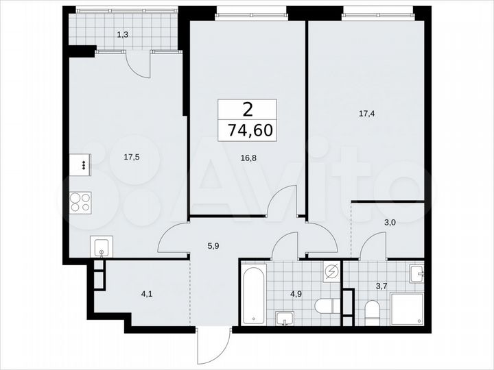 2-к. квартира, 74,6 м², 10/16 эт.