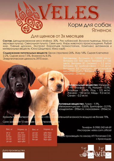 Корм для щенков велес