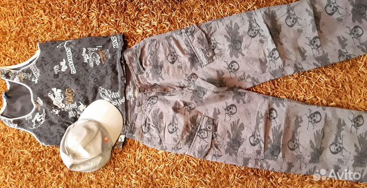 Брюки лён с черепами для мальчика рост 158-164