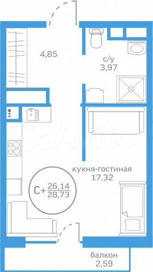 Квартира-студия, 26,1 м², 7/17 эт.