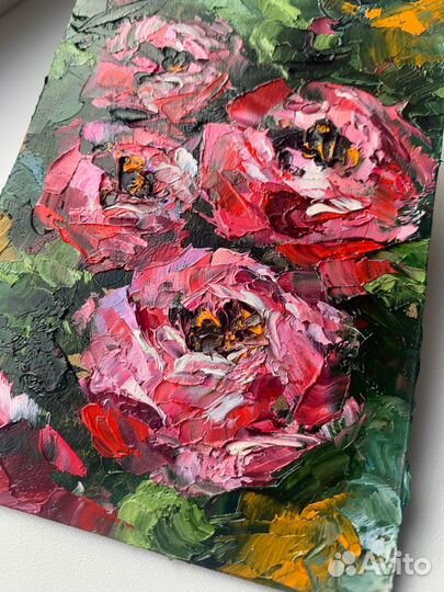 Картина маслом букет цветов красные пионы пейзаж