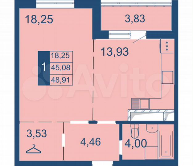 1-к. квартира, 48,9 м², 2/14 эт.