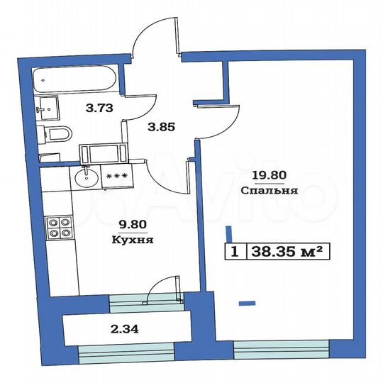 1-к. квартира, 38,4 м², 9/14 эт.