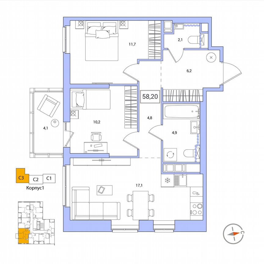 2-к. квартира, 58,2 м², 9/12 эт.