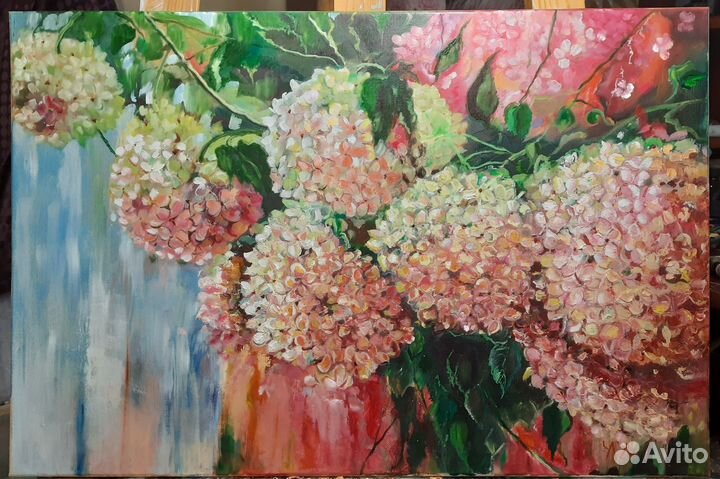 Картина маслом на холсте пионы, гортензии
