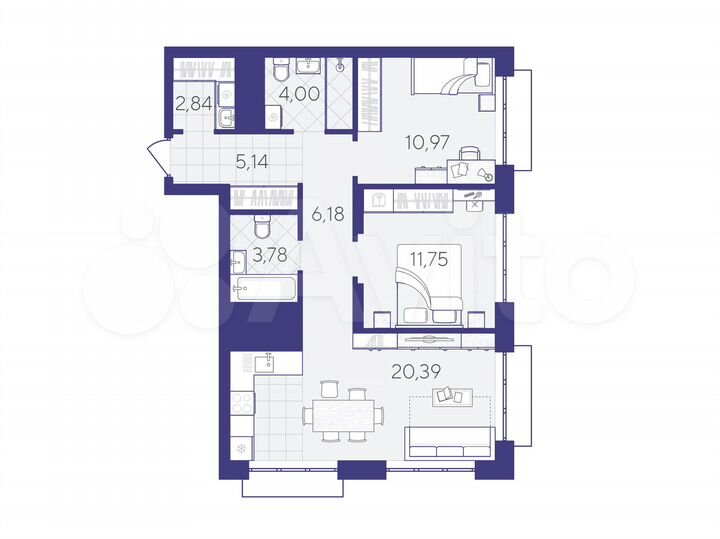 2-к. квартира, 65,1 м², 3/25 эт.