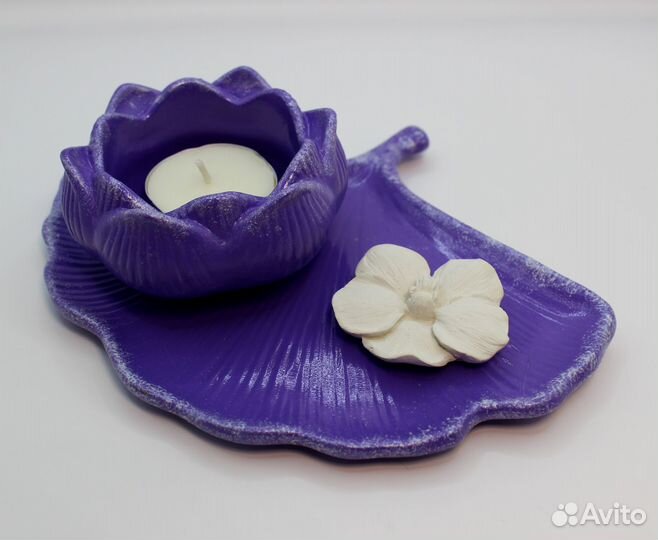 Декор из гипса. Набор лист гинго и подсвечник