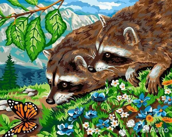 Картина по номерам 40x50 Еноты и бабочка на цветоч