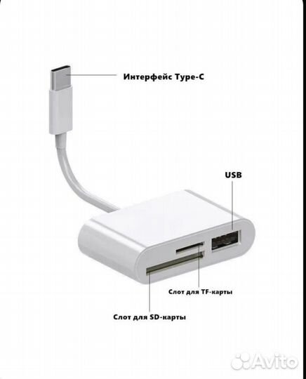 Новый Адаптер Type-C TF SD USB картридер Белый
