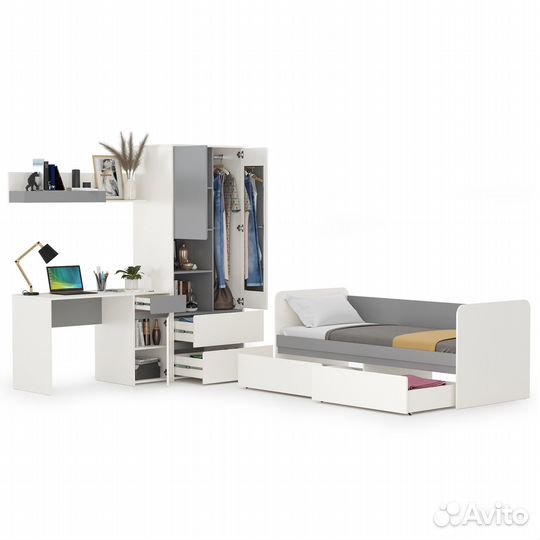 Молодёжная мебель в детскую комнату Торонто, цвет белый шагрень/стальной серый, спальное место 800х1