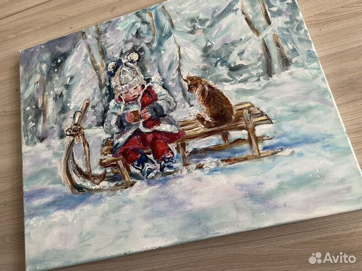 Картина маслом Девочка с котом 40х50 см на заказ