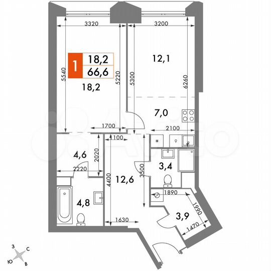 1-к. квартира, 66,6 м², 36/47 эт.