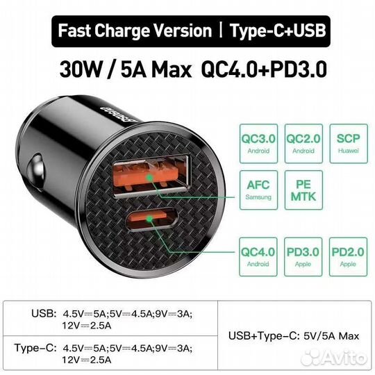 Автомобильное з/у baseus 30w