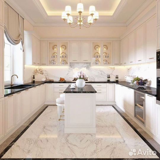 Кухонный гарнитур угловой в потолок с островом на