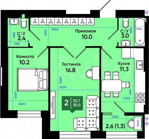 2-к. квартира, 55 м², 3/3 эт.