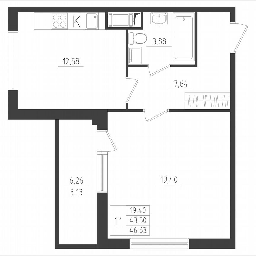 1-к. квартира, 46,6 м², 6/8 эт.
