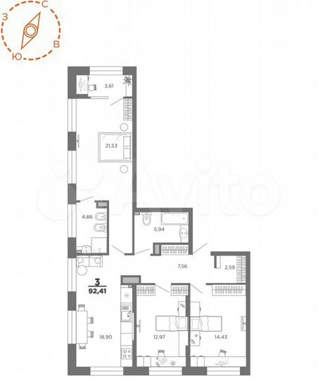 3-к. квартира, 90,6 м², 7/22 эт.