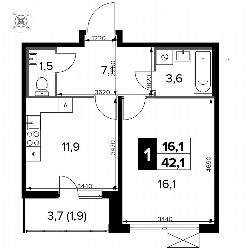 1-к. квартира, 42,1 м², 13/15 эт.