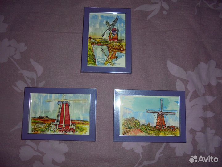 3 панно Мельницы в стильной рамке 12 х 17 см