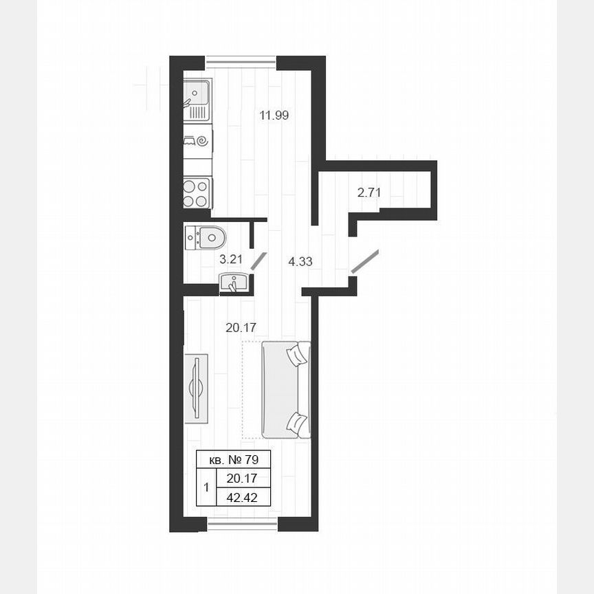 1-к. квартира, 42,4 м², 4/4 эт.