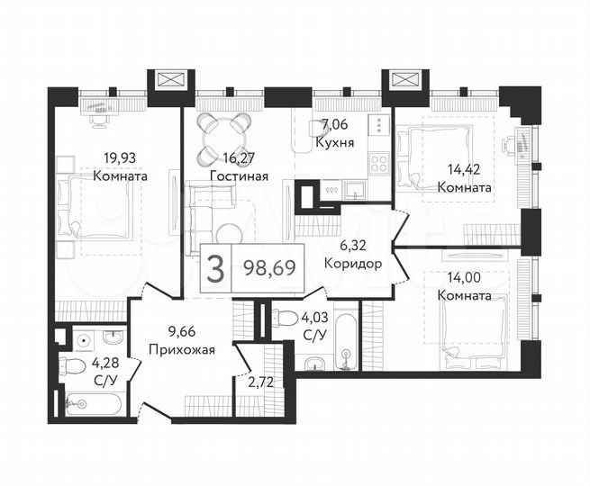3-к. квартира, 98,7 м², 4/23 эт.