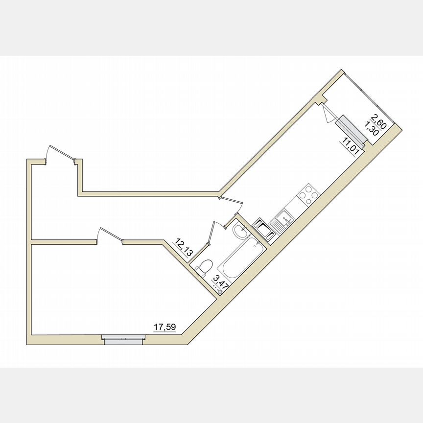 1-к. квартира, 45,5 м², 2/6 эт.