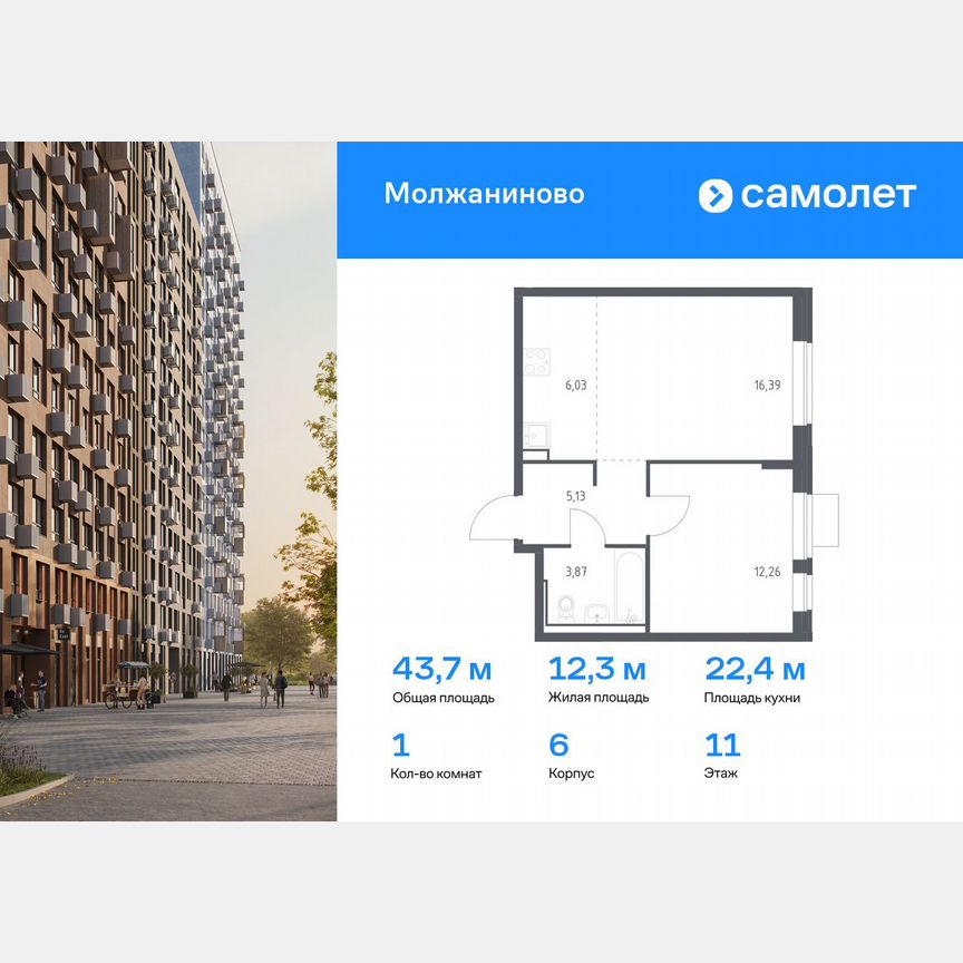 1-к. квартира, 43,7 м², 11/13 эт.