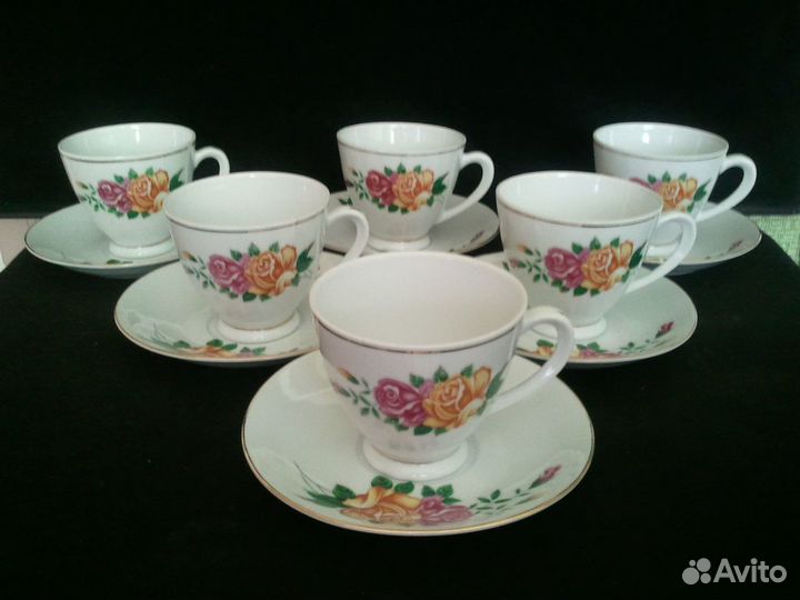 6 чайных, кофейных пар Костяной Фарфор старый Кита