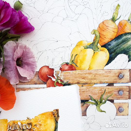 Картина акварель 23х23см Ящик с овощами