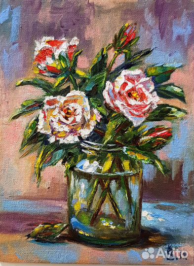 Небольшая картина маслом цветы Розы натюрморт