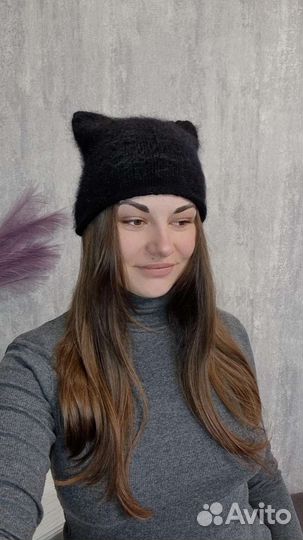 Шапка с ушами котошапка чепчик пух норки