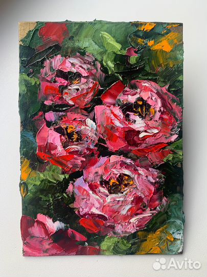 Картина маслом букет цветов красные пионы пейзаж