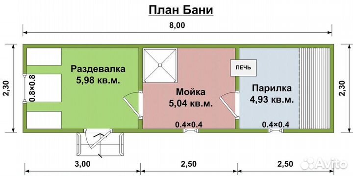 Мобильная баня под ключ 2,3х8 м