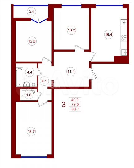 3-к. квартира, 80,7 м², 3/15 эт.