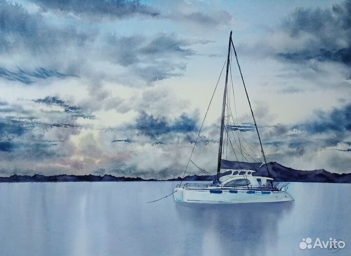 Картина. Акварель. Море. Яхта