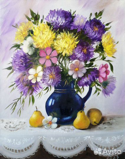 Картина маслом на холсте. Астры и груши. 50х40