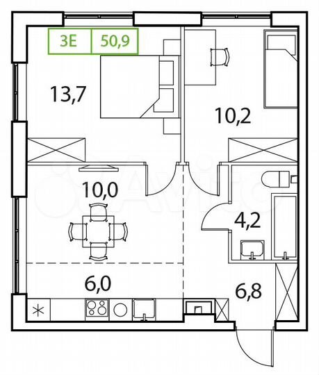3-к. квартира, 50,9 м², 12/15 эт.