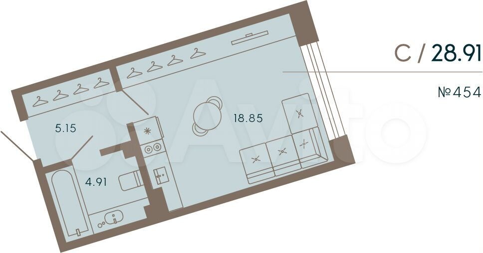 Апартаменты-студия, 28,9 м², 2/8 эт.