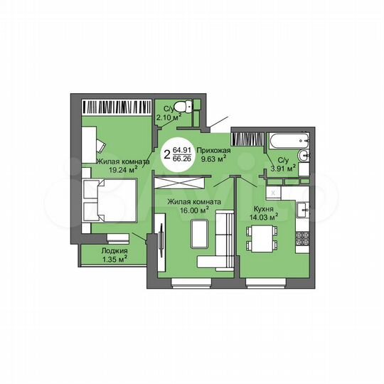 2-к. квартира, 66,3 м², 6/17 эт.