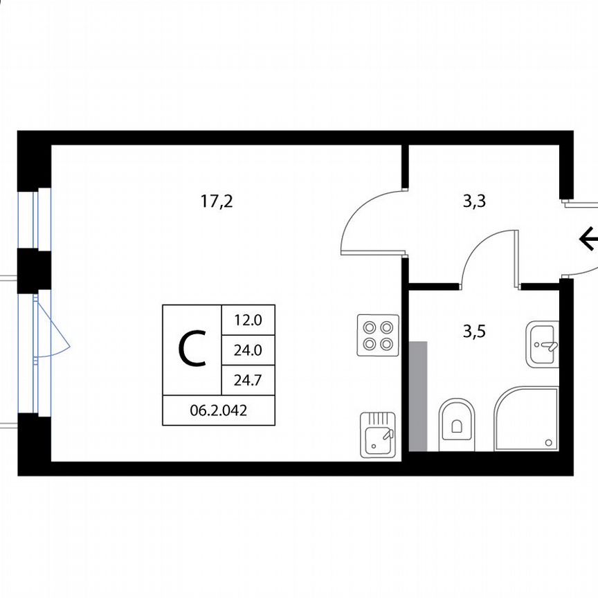 Квартира-студия, 24,7 м², 2/3 эт.